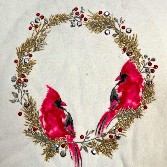 Croft & Barrow Cardinals Holiday Top Blouse Womens Ivory Long Sleeves Large NWOT - Picture 2 of 10